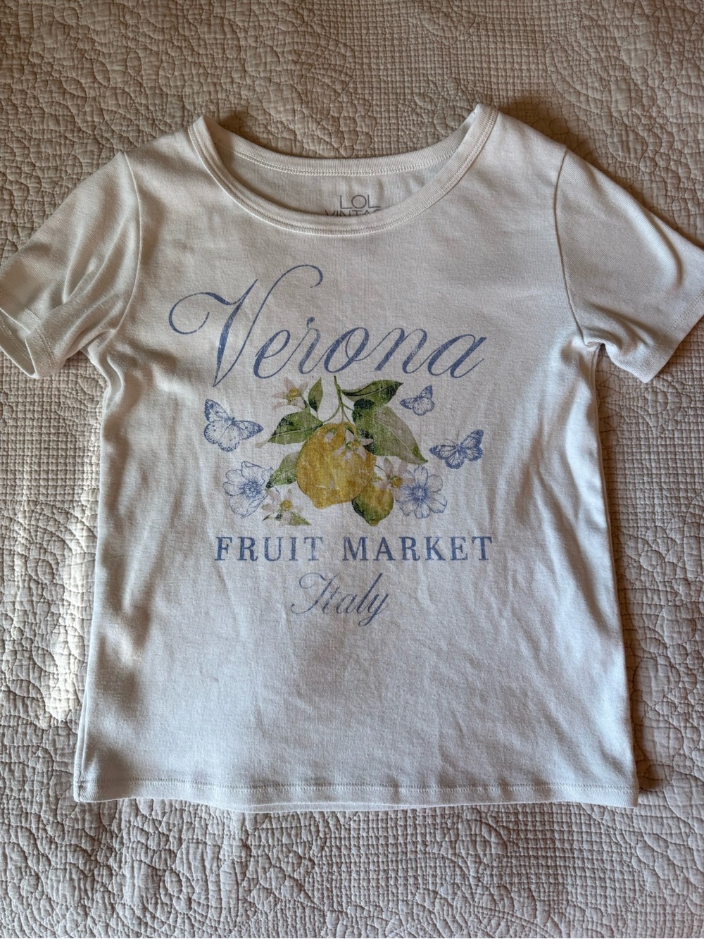 L.O.L. Vintage White Verona Fruit Market Graphic Tee with Yellow Lemon